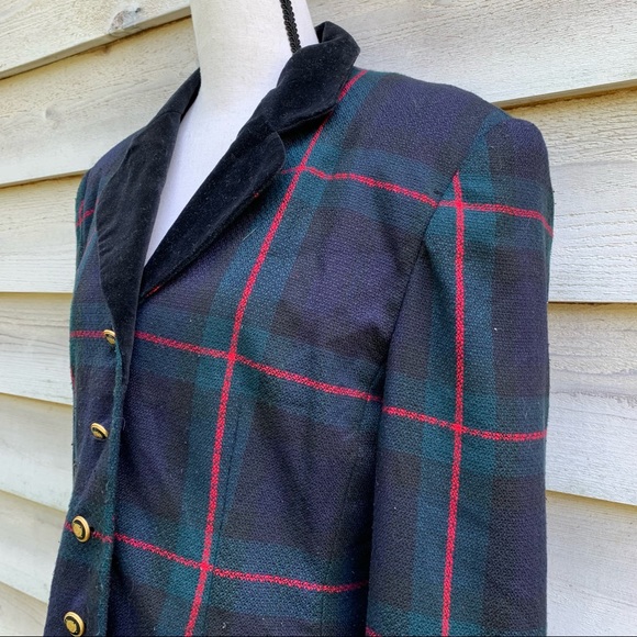 Vintage 80s Green Plaid Collared Velour V-Neck Button Down Long Sleeve Blazer - Picture 5 of 16
